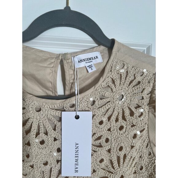 Anniewear Beige Puff Sleeve Crochet Overlay Top With Sequins Womens S - Picture 3 of 7